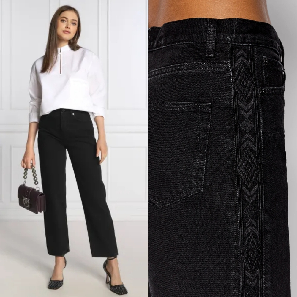 THE KOOPLES Women's Straight-Cut Black Embroidered Sides Jeans Size 27  NWT